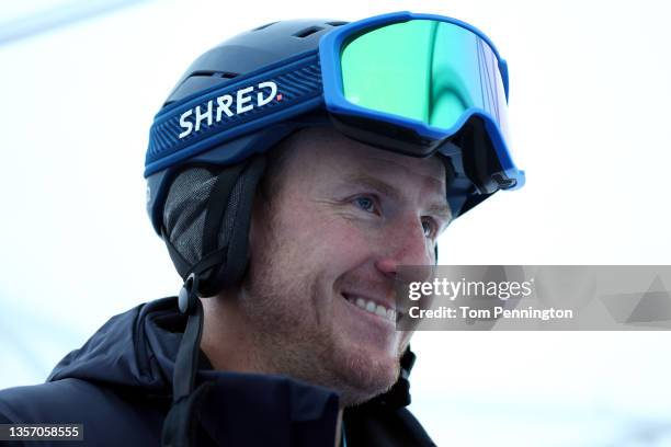 Retired ski racer Ted Ligety answers questions during an guest appearance following the Men's Super G during the Audi FIS Alpine Ski World Cup at...