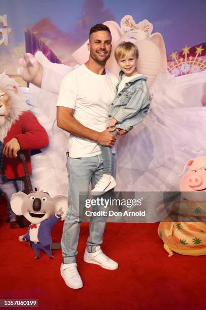 Beau Ryan and son Jesse Ryan attend the Sing 2 Sydney premiere at Hoyts Entertainment Quarter on December 04, 2021 in Sydney, Australia.