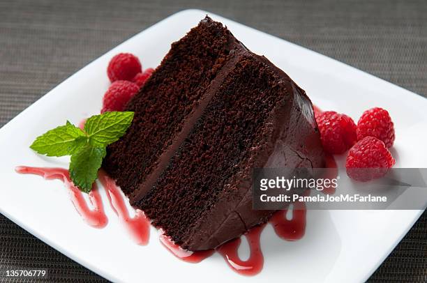 layered chocolate cake with frosting, raspberries, sauce and mint - chocolate cake 個照片及圖片檔