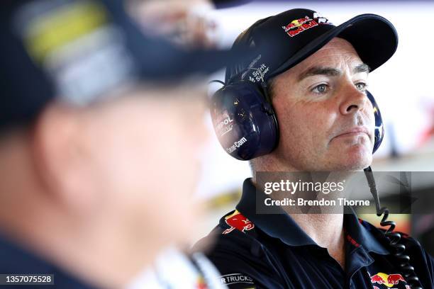 Craig Lowndes driver of the Red Bull Ampol Racing Holden Commodore ZB looks on during the Top Ten Shootout for the Bathurst 1000 which is part of the...