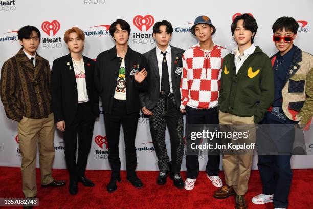 Suga, Jin, Jungkook, RM, Jimin, and J-Hope of BTS attend 102.7 KIIS FM's Jingle Ball 2021 Presented By Capital One at The Forum on December 03, 2021...