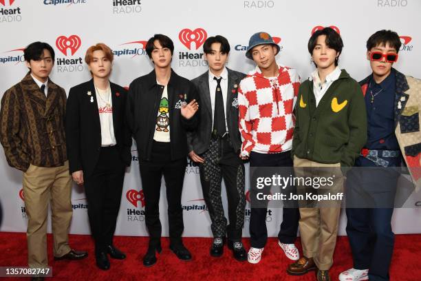 Suga, Jin, Jungkook, RM, Jimin, and J-Hope of BTS attend 102.7 KIIS FM's Jingle Ball 2021 Presented By Capital One at The Forum on December 03, 2021...