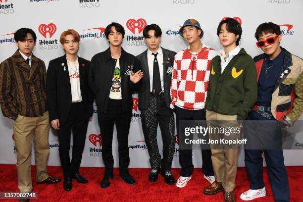 Suga, Jin, Jungkook, RM, Jimin, and J-Hope of BTS attend 102.7 KIIS FM's Jingle Ball 2021 Presented By Capital One at The Forum on December 03, 2021...