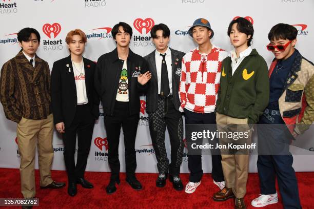 Suga, Jin, Jungkook, RM, Jimin, and J-Hope of BTS attend 102.7 KIIS FM's Jingle Ball 2021 Presented By Capital One at The Forum on December 03, 2021...