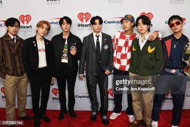 Suga, Jin, Jungkook, RM, Jimin, and J-Hope of BTS attend 102.7 KIIS FM's Jingle Ball 2021 Presented By Capital One at The Forum on December 03, 2021...