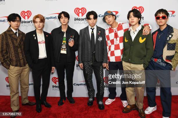 Suga, Jin, Jungkook, RM, Jimin, and J-Hope of BTS attend 102.7 KIIS FM's Jingle Ball 2021 Presented By Capital One at The Forum on December 03, 2021...