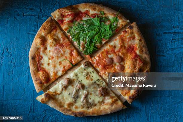 mixed pizza - 4 pizzas stock pictures, royalty-free photos & images