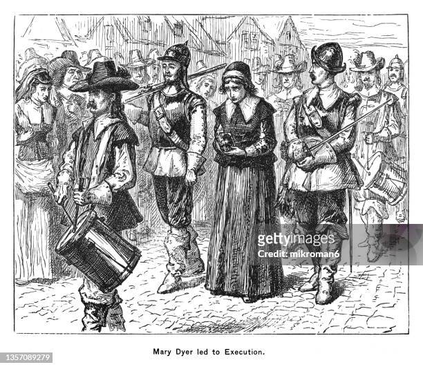 old engraved illustration of mary dyer being led to her execution on 1 june 1660 - female execution photos fotografías e imágenes de stock