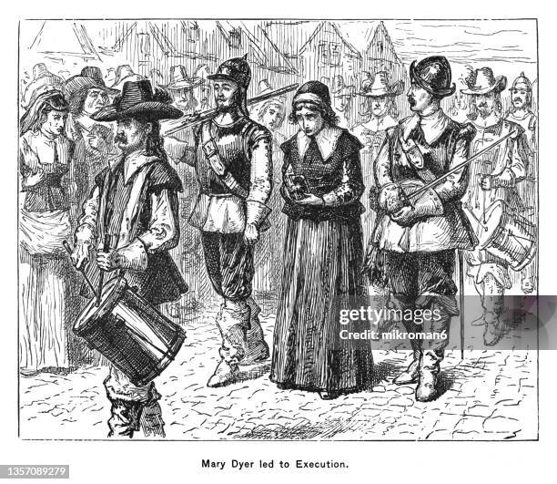 old engraved illustration of mary dyer being led to her execution on 1 june 1660 - quark stockfoto's en -beelden