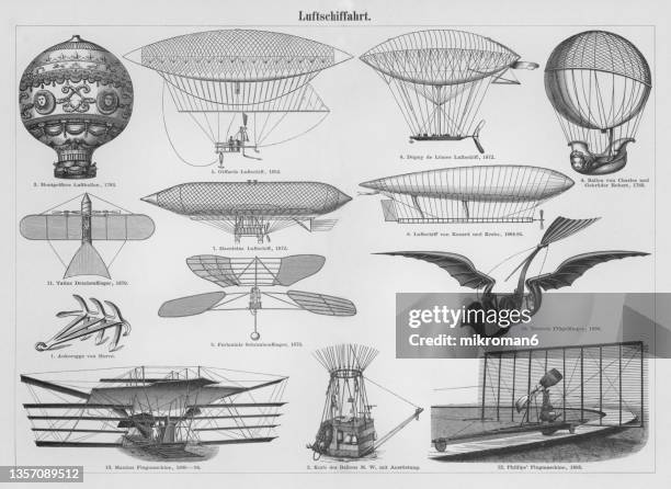 old engraved illustration of airships in the past - luftskepp bildbanksfoton och bilder