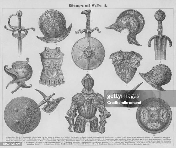 old engraving illustration of historical armor and weapons - sword stock illustrations stock pictures, royalty-free photos & images