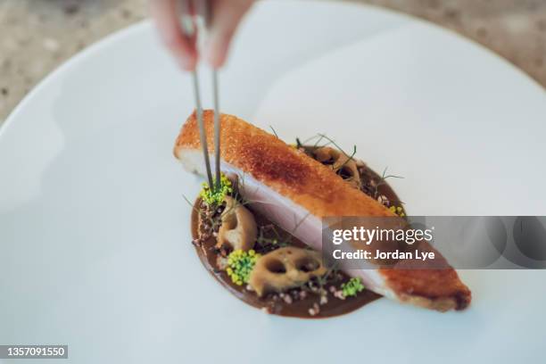 close-up of man preparing food on plate - pincett bildbanksfoton och bilder