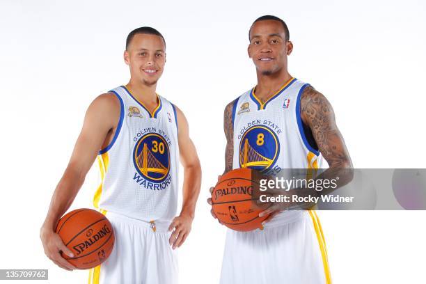 Stephen Curry and Monta Ellis of the Golden State Warriors pose for a picture at the team's annual Media Day on December 12, 2011 in Oakland,...