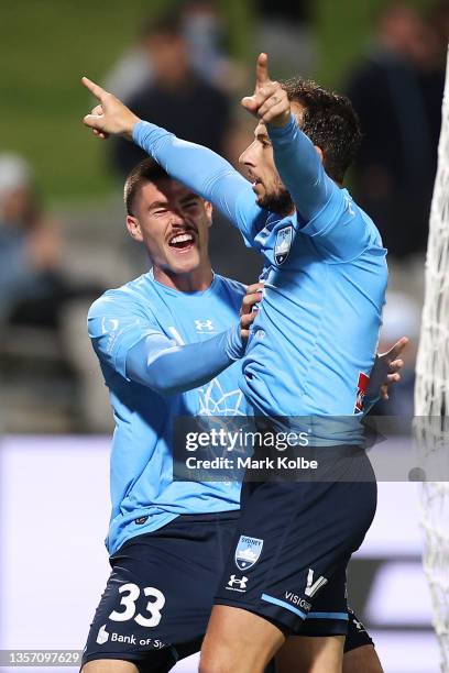 Pat Wood and Adam Le Fondre of Sydney FC celebrate a goal from Adam Le Fondre which was disallowed by the VAR during the A-League Mens match between...