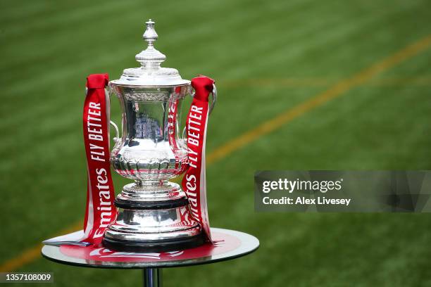 Detailed view of the FA Cup Trophy on the pitch prior to the Emirates FA Cup Second Round match between Buxton F.C. And Morecambe F.C. At the Tarmac...