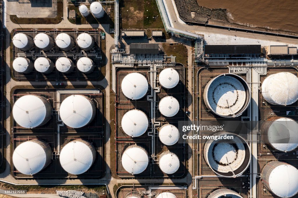 Aerial View of Oil Refinery and Fuel Storage Tanks