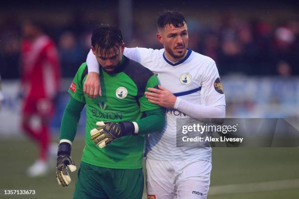 Theo Richardson and Ben Middleton of Buxton dejected after their sides defeat in the Emirates FA Cup Second Round match between Buxton F.C. And...