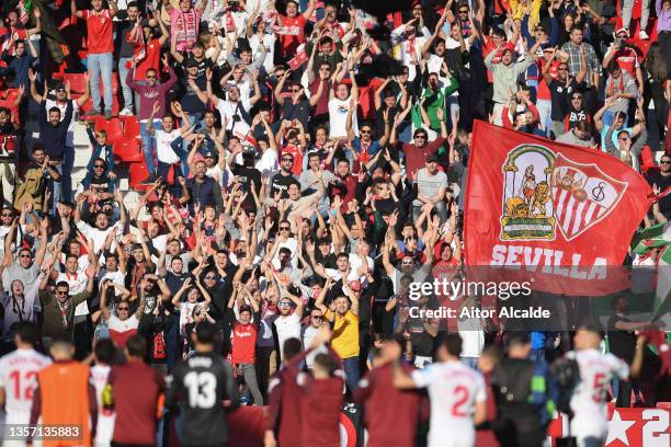 Sevilla players acknowledge the fans after their sides victory in the La Liga Santander match between Sevilla FC and Villarreal CF at Estadio Ramon...