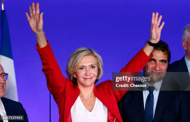 Les Republicains right-wing party's head of the Ile-de-France region and candidate for the 2022 presidential election Valerie Pecresse waves after...