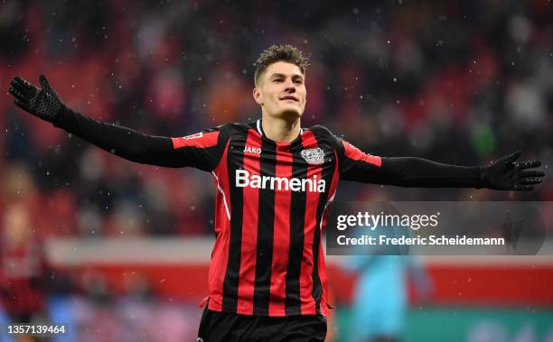 Patrik Schick of Bayer 04 Leverkusen celebrates after scoring their side's fourth goal during the Bundesliga match between Bayer 04 Leverkusen and...