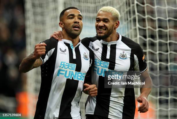 Callum Wilson of Newcastle United celebrates after scoring their side's first goal with Joelinton during the Premier League match between Newcastle...
