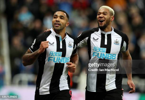 Callum Wilson of Newcastle United celebrates after scoring their side's first goal with Joelinton during the Premier League match between Newcastle...