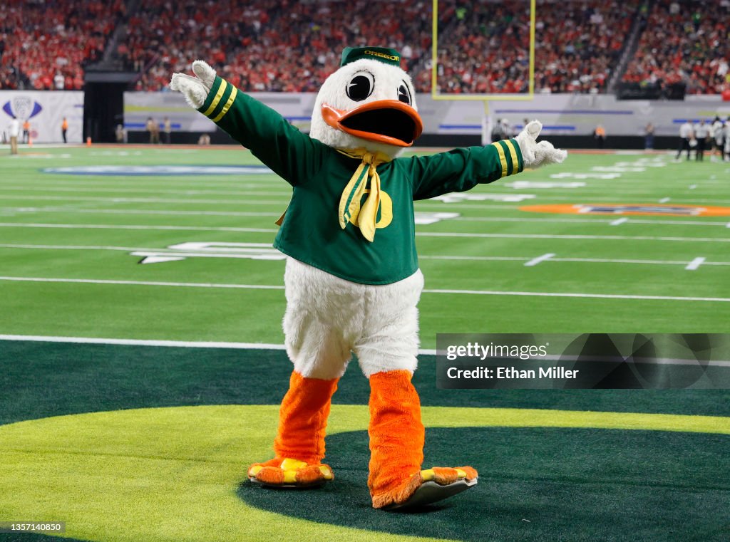 The Oregon Ducks mascot The Duck walks in an end zone during the