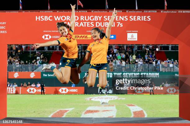 Alysia Lefau-Fakaosilea and Jakiya Whitfeld of Australia celebrate during the Women’s Cup Final match between Fiji and Australia on Day Two of the...