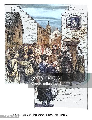 Old engraving illustration of Quaker women preaching in New Amsterdam