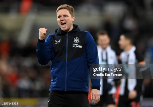 Eddie Howe, Manager of Newcastle United celebrates at the full time whistle following their sides victory in the Premier League match between...