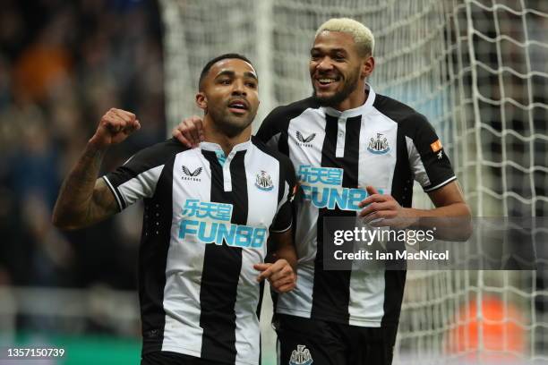 Callum Wilson of Newcastle United celebrates with team mate Jolinton after he scores the only goal of the game during the Premier League match...