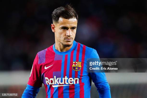 Philippe Coutinho of FC Barcelona looks on during the La Liga Santander match between FC Barcelona and Real Betis at Camp Nou on December 04, 2021 in...