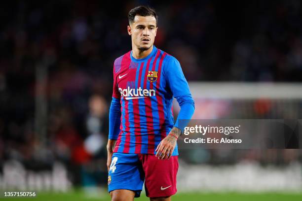 Philippe Coutinho of FC Barcelona looks on during the La Liga Santander match between FC Barcelona and Real Betis at Camp Nou on December 04, 2021 in...