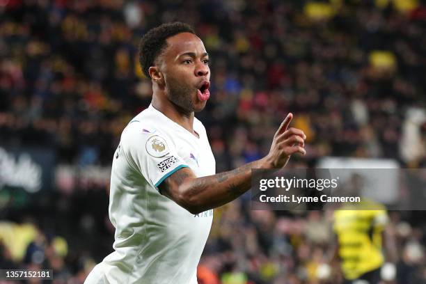Raheem Sterling of Manchester City celebrates after scoring their team's first goal during the Premier League match between Watford and Manchester...