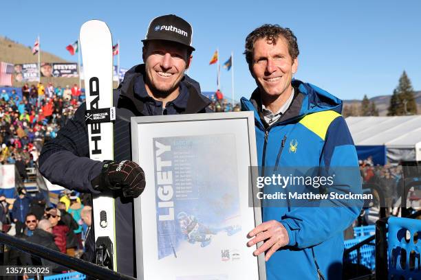 Retired ski racer Ted Ligety is honored prior to the start of the Men's Downhill during the Audi FIS Alpine Ski World Cup at Beaver Creek Resort on...