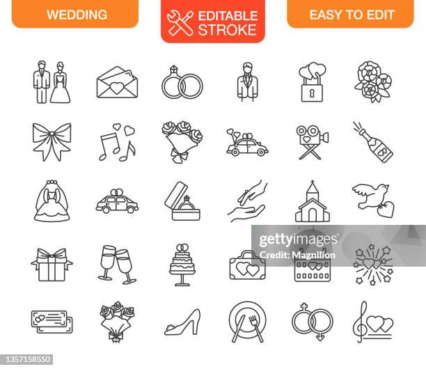 ilustrações de stock, clip art, desenhos animados e ícones de wedding icons set editable stroke - ramo-de-flores