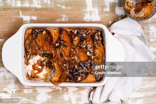 pumpkin bread pudding, vegan autumn and winter holiday dessert - bread dessert stock pictures, royalty-free photos & images