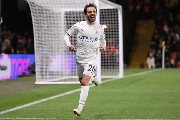 Bernardo Silva of Manchester City celebrates after scoring their side's third goal during the Premier League match between Watford and Manchester...