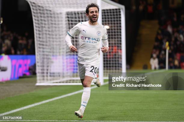 Bernardo Silva of Manchester City celebrates after scoring their side's third goal during the Premier League match between Watford and Manchester...