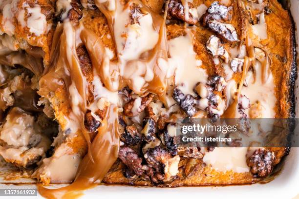 pumpkin bread pudding, vegan autumn and winter holiday dessert, close - caramel stock pictures, royalty-free photos & images