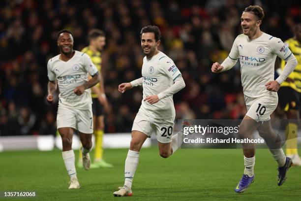 Bernardo Silva of Manchester City celebrates after scoring their side's third goal during the Premier League match between Watford and Manchester...