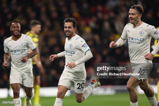 Bernardo Silva of Manchester City celebrates after scoring their side's third goal during the Premier League match between Watford and Manchester...