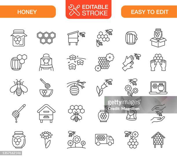 ilustraciones, imágenes clip art, dibujos animados e iconos de stock de conjunto de iconos de miel - apicultura