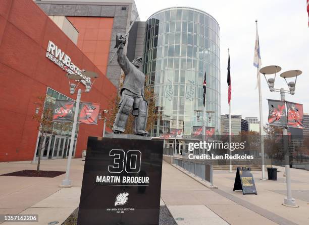 View of the statue of former legendary goaltender Martin Brodeur of the New Jersey Devils prior to and NHL game against the Philadelphia Flyers at...