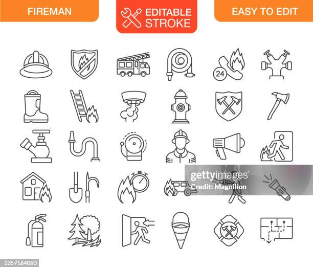 ilustraciones, imágenes clip art, dibujos animados e iconos de stock de los iconos de bombero bombero establecen trazo editable - autobomba