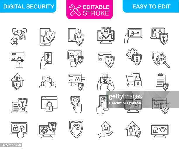 digital security icons set editable stroke - virus cell under microscope stock illustrations