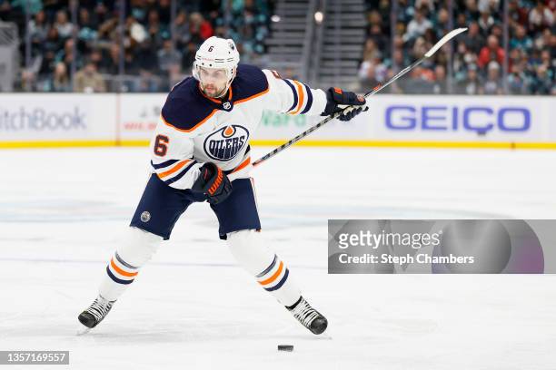 Kris Russell of the Edmonton Oilers shoots against the Seattle Kraken during the first period at Climate Pledge Arena on December 03, 2021 in...