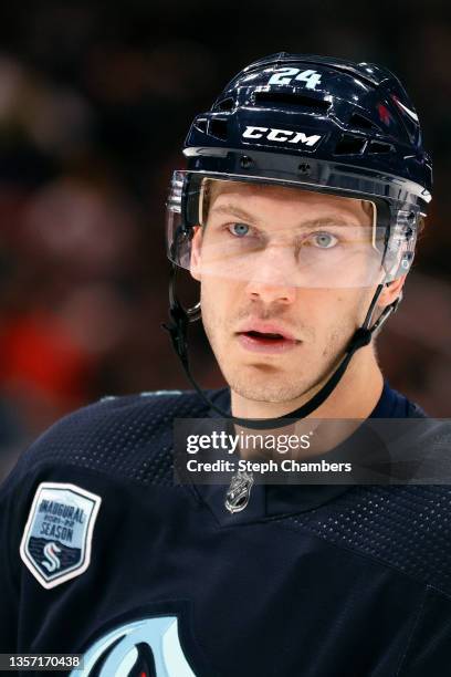 Jamie Oleksiak of the Seattle Kraken looks on against the Edmonton Oilers during the first period at Climate Pledge Arena on December 03, 2021 in...