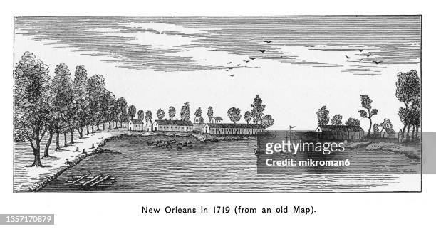 old engraving illustration of new orleans in 1719 (from an old map) - vintage new orleans photos et images de collection