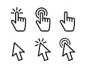 Hand pointer icons. Pointer click. Cursor icon. Clicking finger. Computer mouse click. Vector illustration.